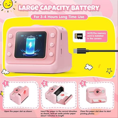 HiMont Kids Camera Instant Print, 1080P HD Instant Print Camera for Kids with 3 Rolls Print Paper & 32GB Card, Selfie Digital Camera for Kid, Ideal Kid Toys Gifts for Boys & Girls Age 3-14 (Pink) thumbnail 7