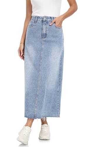 MISS MOLY Women's Jean Skirt Stretch High Waisted Frayed Raw Hem A Line Denim Midi Skirt with Pockets - Image 1