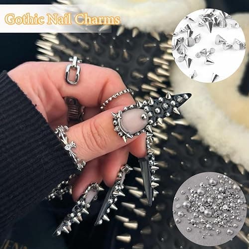 Silver Pearls for Nails, Goth Cone Nails Charms Nail Chain Charms and Metal Gothic Spike Nails Beads Star Rivet Jewelry Accessories Flatback Pearl for DIY Crafts thumbnail 5