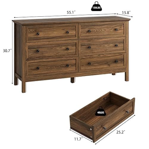 CARPETNAL 55" Walnut Dresser for Bedroom, 6 Drawer Dresser with Wide Drawer and Metal Handles, Wood Dressers & Chests of Drawers for Hallway, Entryway. thumbnail 2