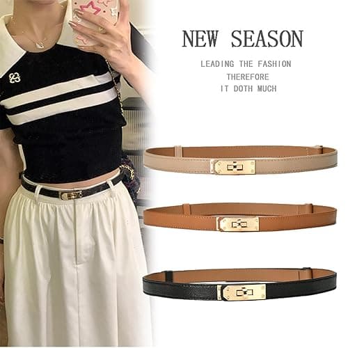 FENLDY Adjustable Thin Belts For Womens Skinny Belts For Dresses Womens Solid Color Alloy Turn Lock Belts For Jeans - Light Khaki Belt With Gold Buckle thumbnail 6