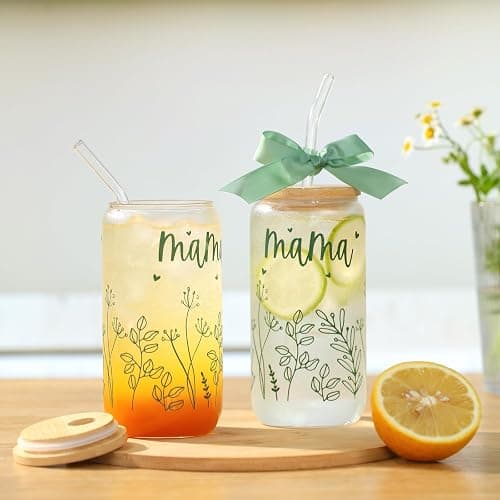 Gifts for Mom-Bow Mama Glass Cup with Lids and Straws Cute Aesthetic Iced Coffee Cup Smoothie Tumbler Gift for Mothers Day Christmas New Mom to be Personalized Birthday Presents for Women 16oz thumbnail 2
