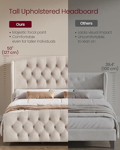 VASAGLE Queen Bed Frame with Tall Headboard, Upholstered Platform Bed Frame Queen Size, with Wingback Tufted Headboard and Footboard, Wooden Slats, No Box Spring Needed, Cappuccino Beige URMB881W01 thumbnail 7