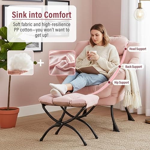 Furlide Lazy Chair with Ottoman, Modern Chair with Folding Footrest, Lounge Accent Chair, Comfortable Reading Chair, Oversized Armchairs for Bedroom, Study, Living Room, Courtyard (Pink) thumbnail 4