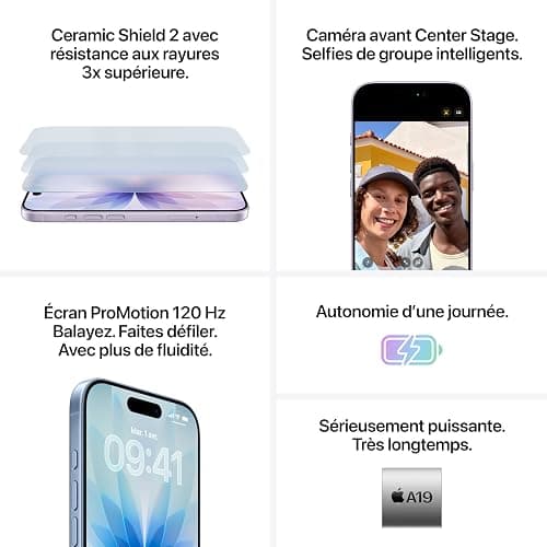 Apple iPhone 17 256 Go : Écran 6,3 pouces avec ProMotion, Puce A19, Caméra avant Center Stage, Meilleure résistance aux rayures, Autonomie d’une journée ; Lavande thumbnail 4