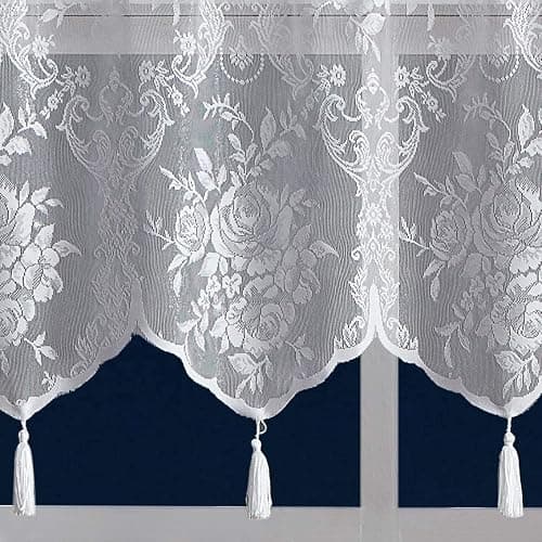 Warm Home Designs White Lace Shower Curtain 72 x 72 Inches with Attached Valance & 7 Tassels. Luxury Farmhouse Shower Curtains for The Bathroom or Boho Shower Curtains for Bathroom. LA White 72" thumbnail 5