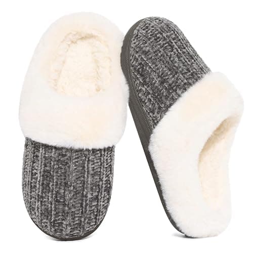 Evshine Warm Knit House Slippers for Women Comfy Wool-Like Lined Chenille Slippers with Memory Foam and Indoor Outdoor Soles - Image 1