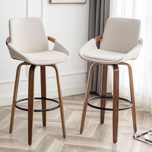 LUNLING 29.5" Bar Height Barstools Set of 2,Mid Century Modern Retro Bar Chairs Charcoal Beige Linen Look Fabric Upholstered and Walnut Wood Frame for Home Bar Furniture(Beige) thumbnail 7