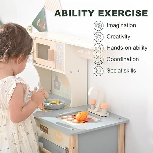 Play Kitchen for Toddlers, Kids Kitchen Playset Toy Kitchen Set, Toddler Kitchen Playset Wooden with with Faucet, Oven, Cookware Accessories thumbnail 6