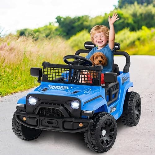 Costzon 12V Kids Ride on Car Truck with Remote Control (Blue, 34"×23"×21") | Foldable Mirrors, 3 Speeds, LED Lights, Music & Horn, Battery Powered Electric  Vehicle for Toddlers, Ride on Toys thumbnail 2