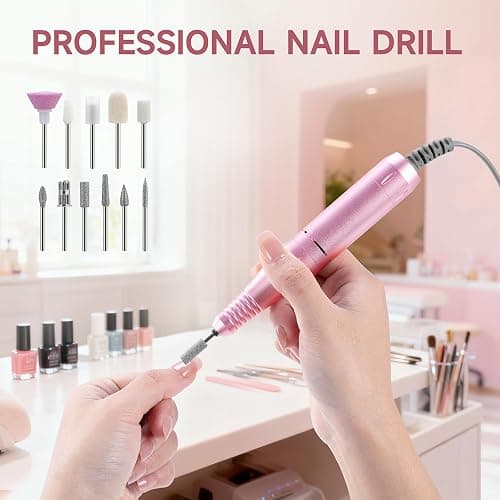 Professional Nail Drill Electric File 45000RPM, Portable Rechargeable Electric Nail File with 11 Drill Bits & 50 Sanding Bands, Low Noise Nail Drill Kit for Acrylic Gel Nails, Salon & Home Use, Pink thumbnail 5