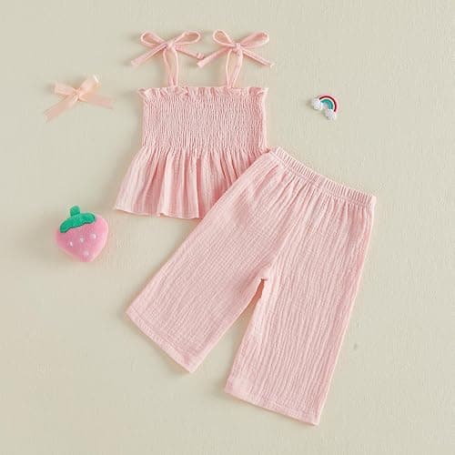 Socutebabe Toddler Baby Girl Summer Clothes Sleeveless Muslin Smocked Top Pants 6 9 12 18 Month 2 3 4 5 Year Cute Kids Outfit thumbnail 9
