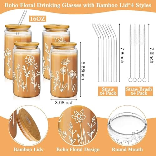 Mumufy 4 Pack Gift for Women Cute Glass Cup Tumbler Flower Iced Coffee Mugs 16 oz Glass with Bamboo Lid & Straw, Mothers Day Birthday Gift for Mom Sister Bridesmaid Baby Shower (Boho Floral) thumbnail 3