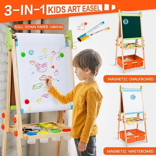 Kids Easel Including 100+ Accessories, Rundad Double Sided Wooden Easel for Kids Age 3-8 with Magnetic Chalkboard & Painting Board, Free Height Adjustable Art Easel Supplies for Toddlers thumbnail 3