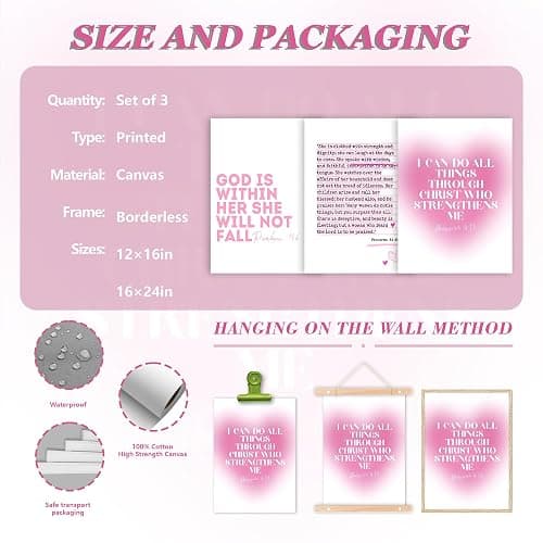 3pcs Pink Bible Verses Wall Art Christian Aesthetic Wall Decor Pictures Preppy Inspirational Scripture Quote Canvas Posters Prints for Girly Bedroom Preppy Religious Decor 12x16in Unframed thumbnail 2