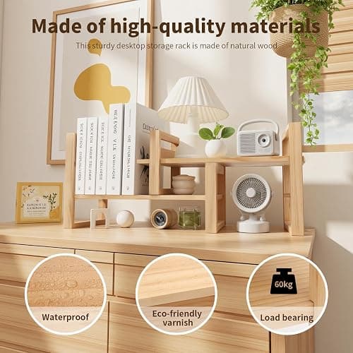 Desk Shelves Desktop Organizer Shelf - No Assembly Needed Holds 130lbs for Desk Organizers and Accessories Corner Bookshelf Table Top Shelving in Office, Books, Bathroom Storage-Pine Nature Wood Color thumbnail 5