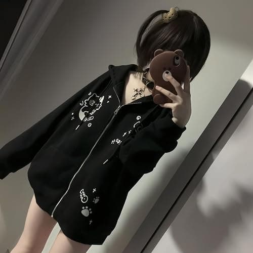 Dynict Womens Y2K Zip Up Cute Graphic Hoodies Cat Ears Casual Cartoon Harajuku Kawaii Clothes Oversize Streetwear Jacket thumbnail 4