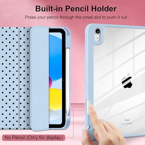 Yebiseven Case for iPad A16 11th Generation 11 inch 2025, iPad 10th Generation 10.9 inch 2022 -[Built-in Pencil Holder], Shockproof Clear Hard Back, Trifold Stand, Auto Wake/Sleep, Blue Polka dot thumbnail 5