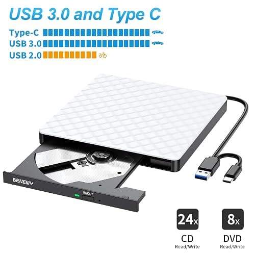 External CD DVD Drive for Laptop, USB 3.0 USB C CD Burner DVD/CD ROM Drive Reader External DVD Drive DVD Player for Laptop Desktop PC Windows 11/10/8.1/7 MacBook Mac Linux OS Apple White thumbnail 5