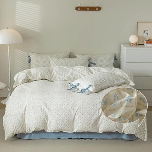 VM VOUGEMARKET Full Duvet Cover with Blue Flower Prints,100% Cotton Bedding Set,Yellow Plaid Grid Comforter Cover with Zipper Closure,80x90 Inch - Image 1