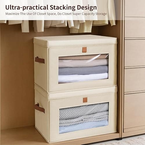 Homsorout Large Closet Storage Organizer - Clothes Storage Bins with Handles & Window, Collapsible Decorative Boxes with Lids, Fabric Containers for Living Room, Dorm, 2 Pack, Beige thumbnail 5