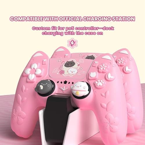 PlayVital for PS5 Controller Cover Skin - Cherry Blossoms Kitten Anti-slip Grip Skin with Thumb Grip & Sticker - Soft Rubber Protector for PS5 Controller Accessories - Pink thumbnail 2