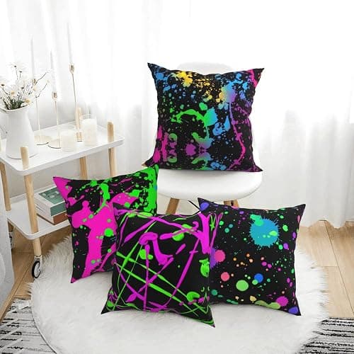Rqzwdq Glow in Dark Splatter Neon Set of 4 Throw Pillow Covers Square Pillowcase Home Decor for Couch Sofa Bed, Double-Sided Pattern 18x18 Inches thumbnail 2