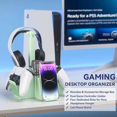 KDD Dual Controller Holder with Headphone Stand - Multi-Functional Desk Storage Box with Phone Holder - Universal Controller Stand with Desktop Organizer for Remote Control Pen Accessories(Green) thumbnail 2