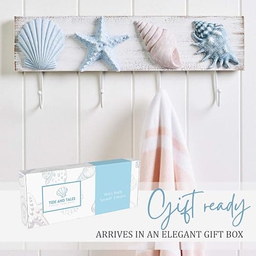 TideAndTales Beach Decor Seashell Wall Hooks Towel Rack for Bathroom, Bedroom or Kitchen | 4 Strong Hooks | Ocean Theme Beach House Decor thumbnail 6