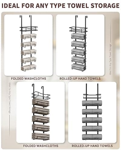 Aetyord Hanging Towel Racks for Bathroom No Drill - 6-Tier Over The Door Bath Towel Storage Organizer for Small Bathrooms - Tiered Back of Door Towel Holder Hanger for Rolled Towels RV Camper Black thumbnail 5
