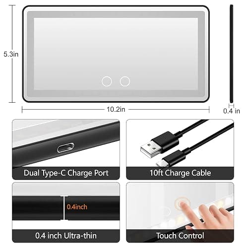 Xinlykid Car Sun Visor Vanity Mirror Rechargeable with 3 Light Modes & 60 LEDs for Car Truck SUV Rear View with Dimmable Touch Screen, Mirror Accessories for Women Girl (Black) - Black thumbnail 5