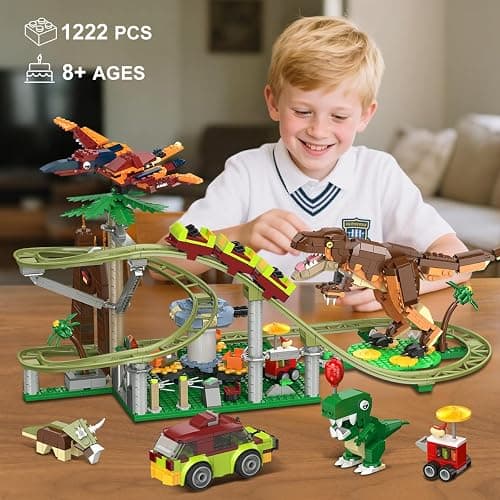 HOGOKIDS Dinosaur Roller Coaster Building Set - 1222PCS Rollercoaster Building Toy with 4 Dinosaur, Off-Road Vehicle, Food Cart, Dinosaur Models Playset Gift for Adults Kids Girls Boys Ages 8-12 Year thumbnail 7