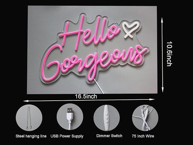 Hello Gorgeous Neon Sign Hello Beautiful Pink LED Neon Lights for Home Wedding Birthday Backdrop Bacelorette Party Wth Dimmable Switch(5V,16.5X10.6inches) thumbnail 7