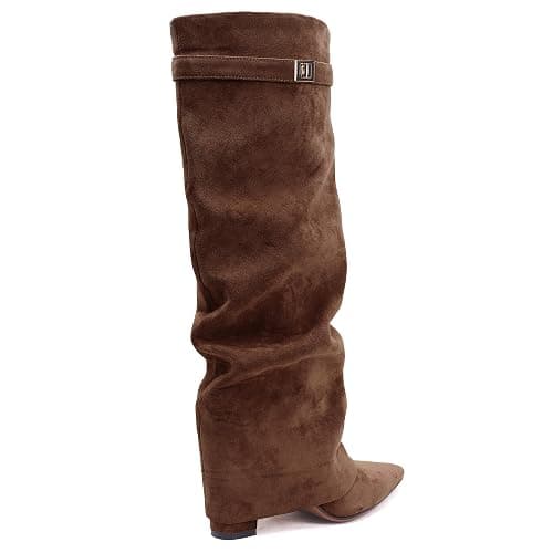 FJQNXGY Knee High Boots for Women Fold Over Knee High Boots Chunky Heel Pointed Toe Suede Long Boots With Side Zipper Tall Boots for Winter Fall thumbnail 4