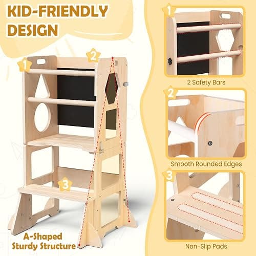 Woodure 4-in-1 Toddler Kitchen Step Stool, Foldable Learning Standing Tower with Blackboard, Wooden Kitchen Stool Helper for Kids, 1-3 Year Old Boy Girl Gifts thumbnail 3