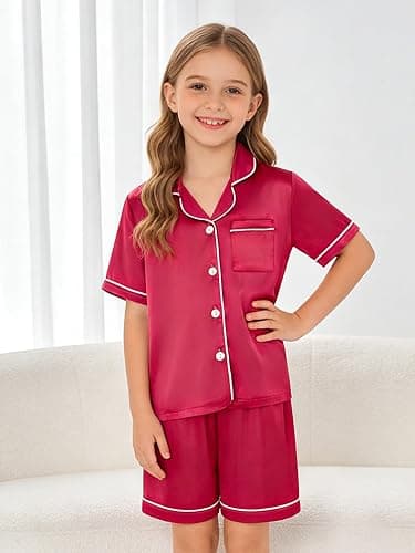 Vopawetty Satin Pajamas for Girls, 4-Piece Short Sleeve Button Down Silky PJ Set thumbnail 4
