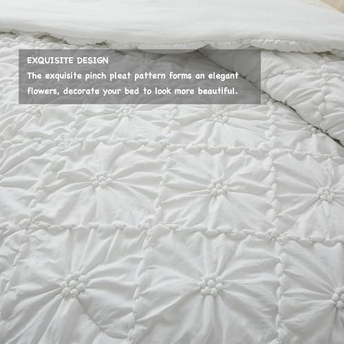 BEDAZZLED Queen Size Comforter Sets, White Bedding Comforter Set, 3 Pieces Pinch Pleat Bedding Sets with Comforter and Pillowcases Soft Farmhouse Shabby Chic Comforter for All Season thumbnail 5