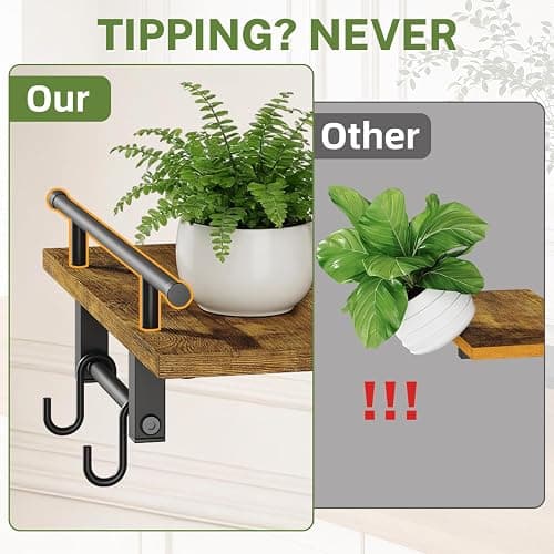 iDavosic.ly Wall Plant Holder Set of 2, 2 Tier Indoor Floating Shelves with 4 Hooks for Hanging Plants, Wall Mounted Space Saving Display Stand for Living Room Bedroom (Pots/Chains Not Included) thumbnail 4