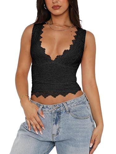 REORIA Womens Sexy V-Neck Sleeveless Double Lined Going Out Y2K Trendy Lace Cropped Tank Tops - Image 1