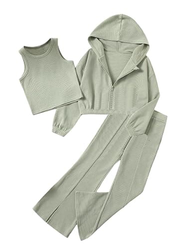 Floerns Girls Long Sleeve Hoodie Tank Split Flare Pants Set Three Piece Outfit - Image 1