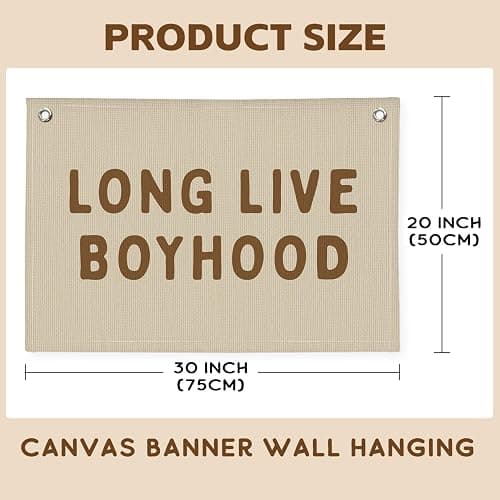 PLKMN Long Live Boyhood Banner, Boy Nursery Decor, Linen Banner Wall Hanging Banner Flag Decor for Nursery Playroom Toddler Room, Boys Kids Room Decor - Sand Beige & Taupe - 01 Long Live Boyhood - Brown Beige thumbnail 3