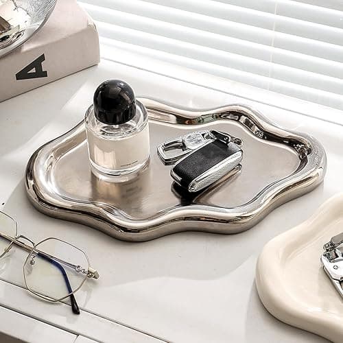 ARJDXDP Keramik Schmuckschale, Ringhalter, Deko Tablett, Schlüsselablage, Ohrringe, Halsketten Schmuckschale Silber Tablett Schminktisch Geburtstagsgeschenk für Frauen(Silber) thumbnail 6
