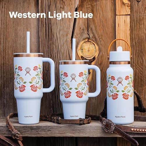 Hydro Flask Water Bottle - Insulated Stainless Steel - Wide Mouth Flex Straw Lid, Non Spill, Leakproof and Refillable in 32 Oz Western Light Blue thumbnail 5