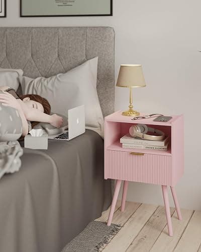 JOONEE Nightstand,Modern Bedside Table with Storage Drawer and Open Wood Shelf, for Living Room, Bedroom and Small Spaces, Accent Night Stand with Solid Wood Legs, Easy Assembly,Classic Pink thumbnail 4