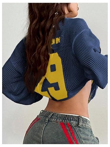QJQ Women's Oversized Jersey Shirts Long Sleeve V Neck Crochet Knit Sweater Tops Hollow Out Graphic Pullover thumbnail 2