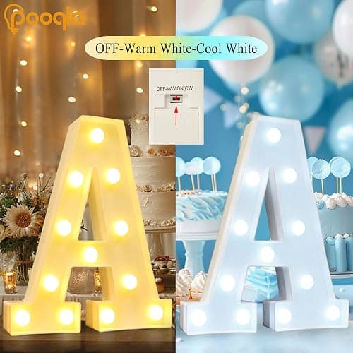 Pooqla LED Marquee Letter Lights, Warm White and Cool White Decorative Lighted Letters, Light Up Alphabet Letters for Boys Girls, Party, Wedding, Bar, Night Light, Birthday Decoration, Letter A thumbnail 5