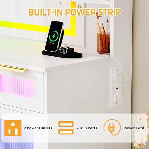 ANWBROAD Large Vanity Desk with Mirror and Lights White Makeup Desk Set with Power Outlet and Remote RGB Vanity with 3 Drawers 2 Cabinets and Stool Vanity Table for Girls Women Bedroom UBDT85W thumbnail 6