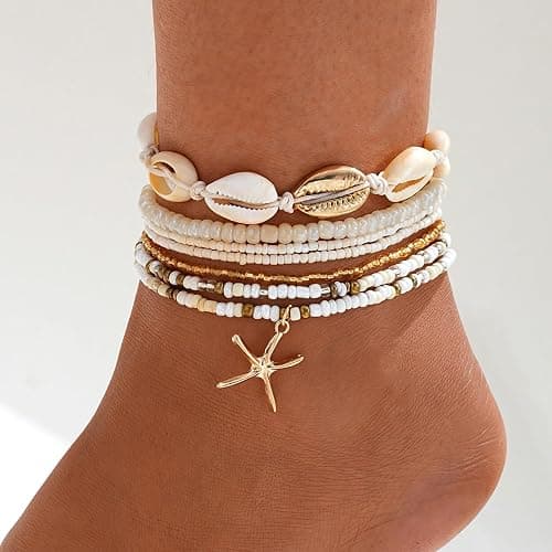 Qceasiy Shell Ankle Bracelet Set for Women, Gold Plated Boho Bead Adjustable Anklet, Hawaiian Beach Seashell Pearl Heart Starfish Conch Foot Jewelry Gifts thumbnail 2