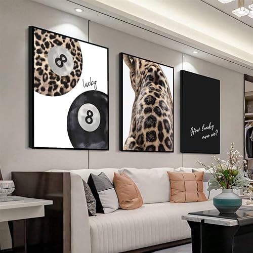 Myzoran 3pcs Leopard Cheetah Wall Art Picture 8 Ball Lucky Canvas Paintings Black And White Trendy Leopard Posters Print Preppy Room Wall Decor For Girls Bedroom Apartment Dorm 12X16in Unframed thumbnail 2