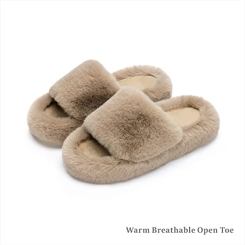 Chantomoo Women's Blue Memory Foam Faux Fur Lined Open Toe Slippers for Women - US 12 thumbnail 6